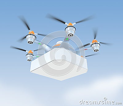 Air drone carrying single pizza box with copy space Stock Photo