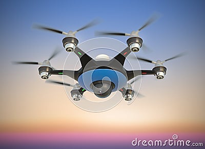 Air drone with surveillance camera flying in sunset sky. Stock Photo