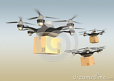 Air drones carrying cardboard boxes in sunset sky. Stock Photo