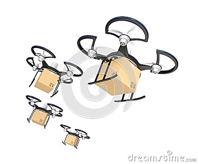 Air drones with carton package in the sky Stock Photo