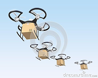 Air drones with carton package in the sky Stock Photo