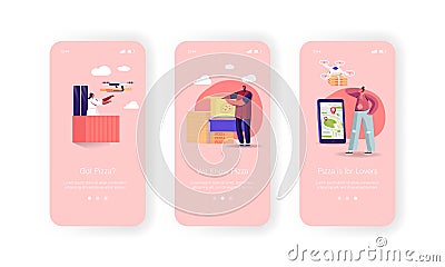 Air Drones Pizza Boxes Delivering to Customers Mobile App Page Onboard Screen Template. Remote Quadcopter Food Delivery Vector Illustration