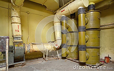 Air filtration system from chemical threats installed in a bomb shelter Stock Photo