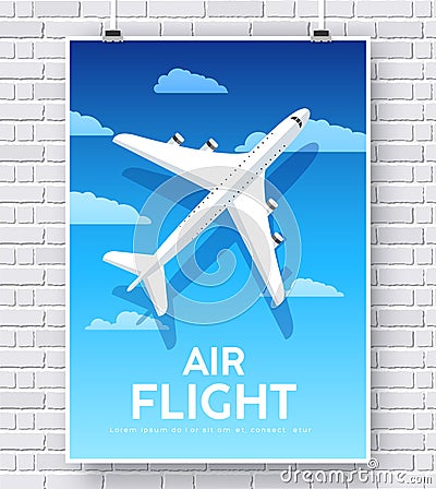 Air flight plane with house home illustration concept on brick wall Vector Illustration