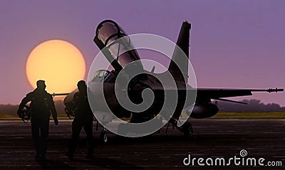 Air force jet fighter pilots silhoutte at sunset on military base airfield Stock Photo