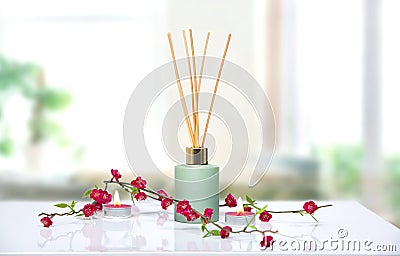 Air freshener,liquid fragrance in aroma sticks on table.Home scent,aroma therapy Stock Photo