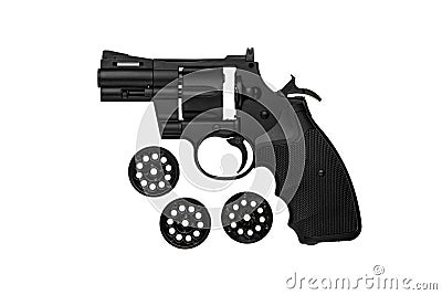 Air gun. Modern pneumatic weapon for air soft, sports and entertainment. A dummy, a copy of a real pistol revolver. Isolate on a Stock Photo