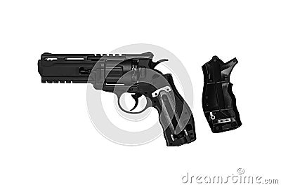 Air gun. Modern pneumatic weapon for air soft, sports and entertainment. A dummy, a copy of a real pistol revolver. Isolate on a Stock Photo