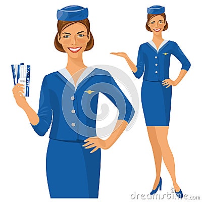 Air hostess. Stewardess holding ticket in her hand. Woman in official clothes Vector Illustration