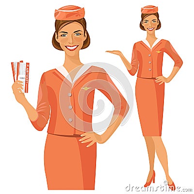 Air hostess. Stewardess holding ticket in her hand. Woman in official clothes Vector Illustration