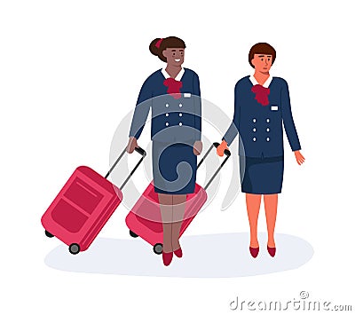 Air hostess. Stewardess with luggage. Standing women in uniform. Aircrew accompanies flight. Career and professional Vector Illustration