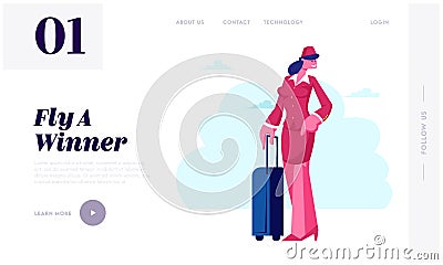 Air Hostess Website Landing Page. Stewardess Flight Attendant Girl in Red Uniform Holding Suitcase Prepare to Flight by Airplane Vector Illustration