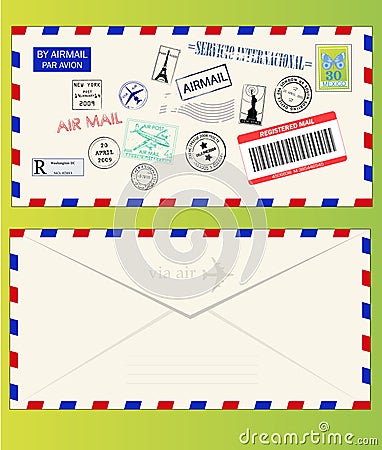 Air mail envelope with postal stamps Vector Illustration