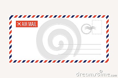 Air mail letter vector. post stamp. airmail frame postcard. blue red stripes pattern. mockup template envelope. on white Vector Illustration