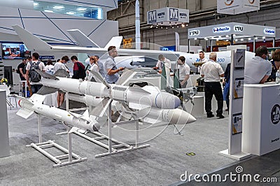 Air missiles. Exposition of air-to-air, air-to-surface and anti-ship missiles at the international exhibition ARMS AND SECURITY - Editorial Stock Photo