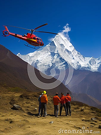 Air mountain rescue helicopter. Emergency fly tranportation. Generative AI Stock Photo