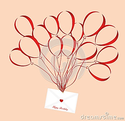 Air multicolored balloons lift up an envelope or letter with hearts Stock Photo