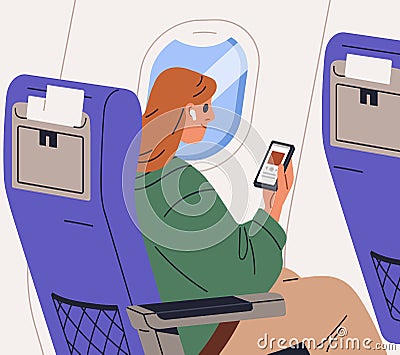 Air passenger listening to music in earphones during flight. Woman tourist sitting in airplane seat with mobile phone Vector Illustration