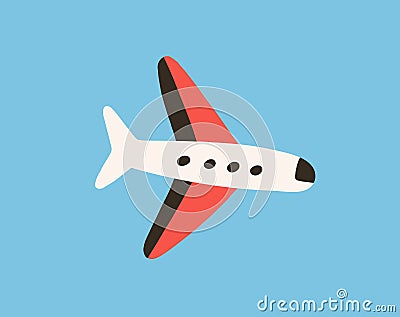 Air plane flying in clear sky. Flight of toy aircraft. Doodle airplane with wings fly. Traveling by aeroplane. Airliner Vector Illustration