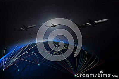 Air plane flying over earth space Stock Photo
