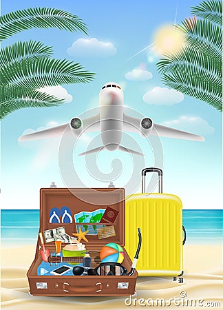 Air plane flying to sea with beach travel object Vector Illustration