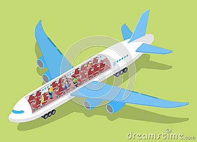 Air Plane Interior with Passengers. Isometric flat 3d illustration Vector Illustration