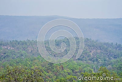 Air pollution from smoke caused by forest fires at Mount Omkoi, Chiang Mai, Thailand. The trees were cut on the mountains Stock Photo