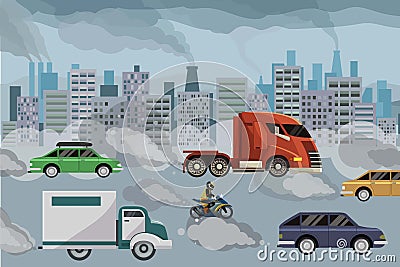 Air pollution vector illustration, factories and cars pollute environment. Ecology polluted with toxic chemicals. Vector Illustration