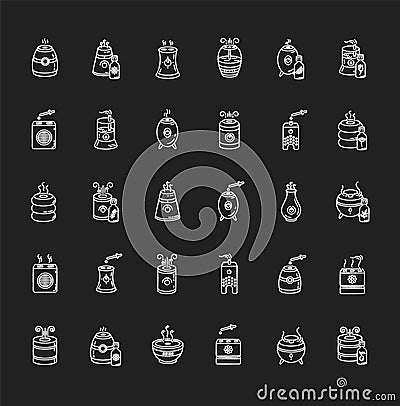 Air purifier chalk white icons set on black background. Fashionable humidity regulator, floral design air cleaner, room Vector Illustration