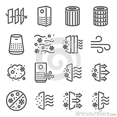 Air purifier icon illustration vector set. Contains such icons as Dust, Oxygen, Anti-bacteria, Air pollution, pm 2.5, Air filter, Vector Illustration