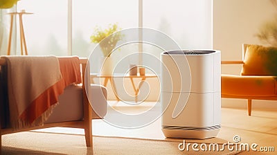 air purifier a living room, air cleaner removing fine dust in house. protect PM 2.5 dust and air pollution concept. Generative AI Stock Photo