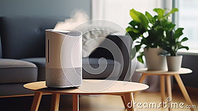 An air purifier in a living room for improving the quality of indoor air. AI Generated. Stock Photo