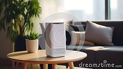 An air purifier in a living room for improving the quality of indoor air. AI Generated. Stock Photo