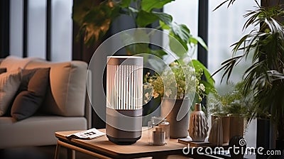 An air purifier in a living room for improving the quality of indoor air. AI Generated Stock Photo