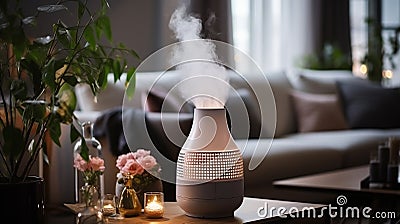 An air purifier in a living room for improving the quality of indoor air. Ai Generated. Stock Photo
