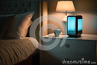 air purifier on nightstand, with lamp and glass of water nearby Stock Photo