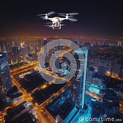 Air raid attack in civilian city at night. White modern digital vehicle drone flying under town. Military technology Stock Photo