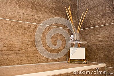 Air refresher bottle, aroma reed diffuser bottle home, fragrance sticks Stock Photo