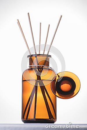Air refresher bottle mock up, reed diffuser on a white background. Aromatherapy concept. Home fragrance bottle Stock Photo