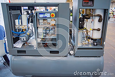 Air Screw Compressor. Versatile compressed air generator for enterprises Stock Photo