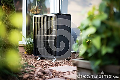 Air source heat pump installed outside of a modern house Stock Photo