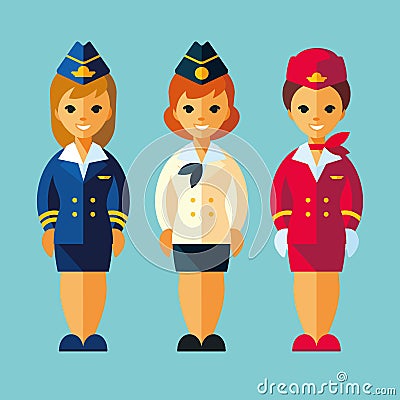 Air Stewardess, Stewardess in retro style. Service occupation characters woman set in flat style. Vector Illustration