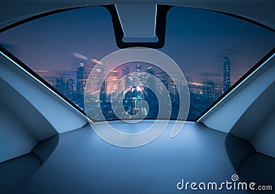 Air taxi window view of city at night. Air vehicle. Personal air transport. Autonomous aerial taxi. Flying car. Urban aviation. Stock Photo