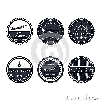 Air tour vector badge aircraft travel business design. Tourism journey symbol trip label. Vacation emblem aviation airline Vector Illustration