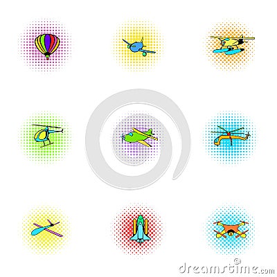 Air transport icons set, pop-art style Vector Illustration