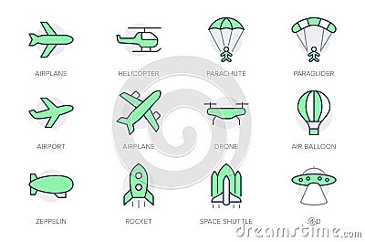Air transport simple line icons. Vector illustration with minimal icon - airplane, balloon, ufo, helicopter, parachute Vector Illustration
