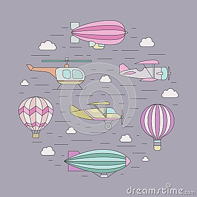 Air transportation outline circle illustration. Part three. Vector Illustration