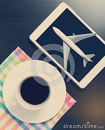 Air travel agency booking on tablet Stock Photo