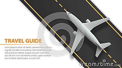 Air travel banner with plane on runway strip - vacation and travel concept design. Banner with airplane and runway strip Vector Illustration