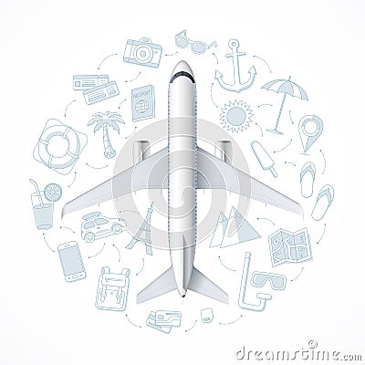 Air travel concept with an airplane and a set of tourism, vacation, journey, travel icons. Vector Illustration